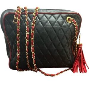 RARE BALLY Camera Bag Lambskin Quilted Navy-blue Cross Body RED STRAP Tassel